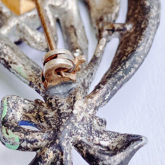 Vintage 1930s Floral Bouquet Brooch Purple Glass Enamel Pot Metal Jewelry Pin - Picture 11 of 15